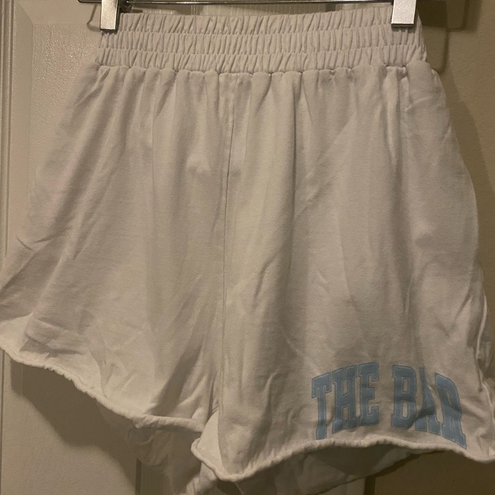 White w light blue the bar varsity shorts